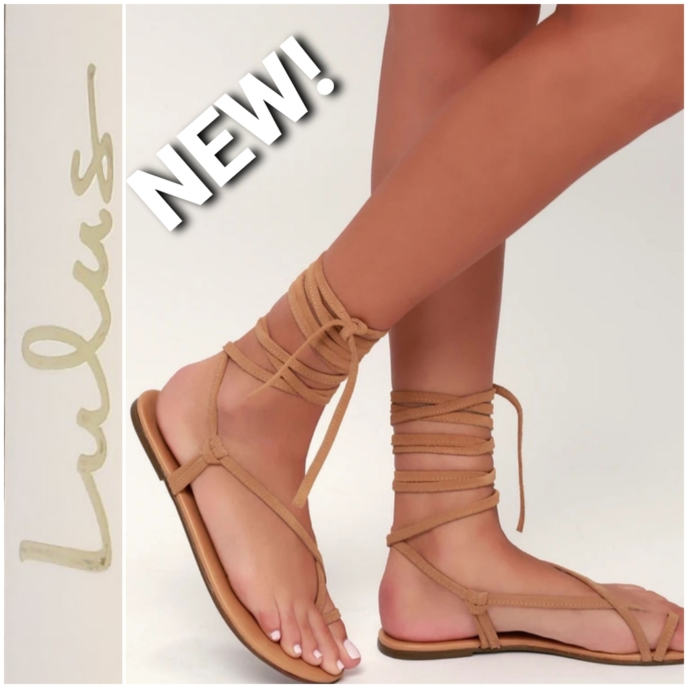 ❎️SOLD❎️NEW! LULU's Taylen tan suede leather Flat Lace up sandals sz 6.5 - Picture 1 of 9